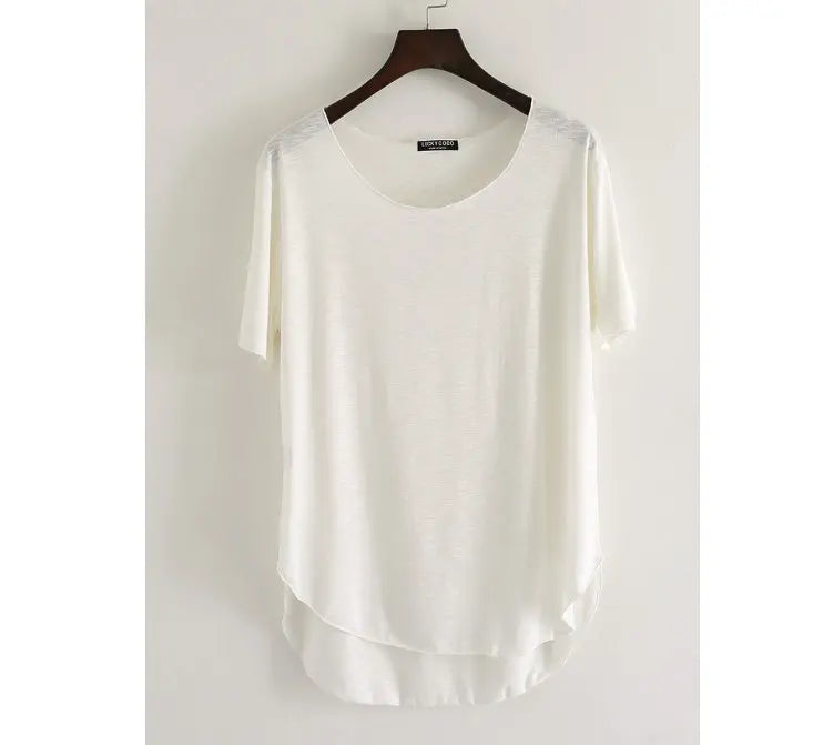 Women Bamboo T-shirt Round Neck Solid Color Summer Tshirt Girl Cooling Short-sleeved Floral Casual Ouc365a