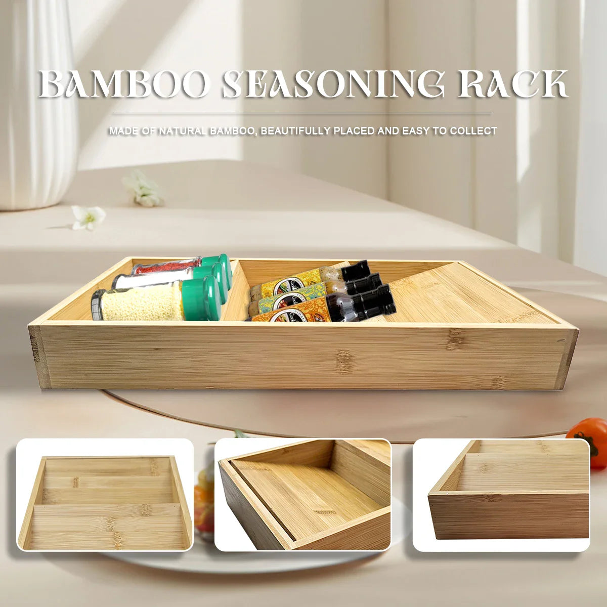 Bamboo Drawer Spice Rack,Countertop 3 Tier Storage Rack For Kitchen Counter,Shelves, Kitchen Organizer And Storage