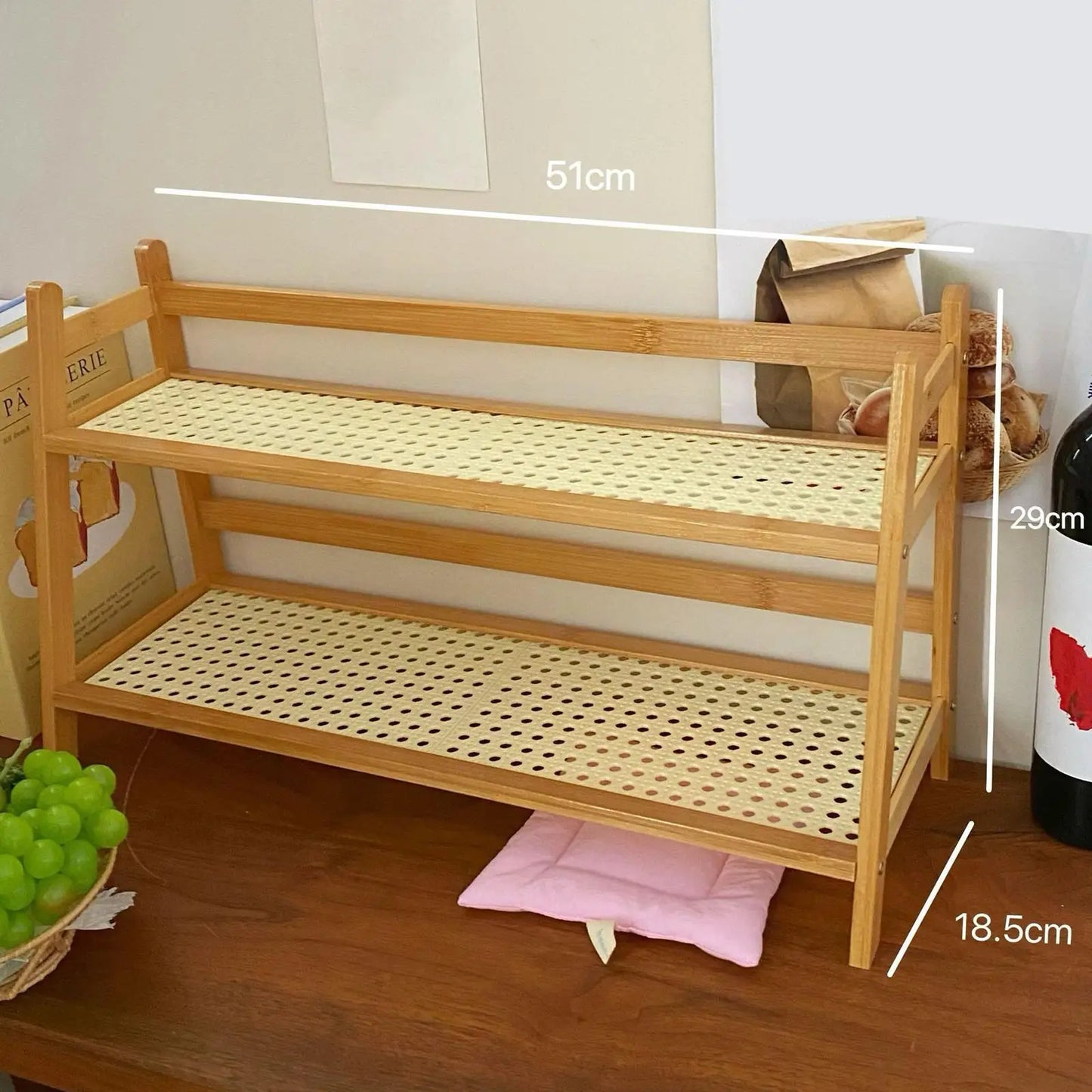 Bamboo Double Layer Rack Plant Stand Flower Pot Stand Desktop Organizer Office Kitchen Rack for Counter Kitchen Bedroom Home