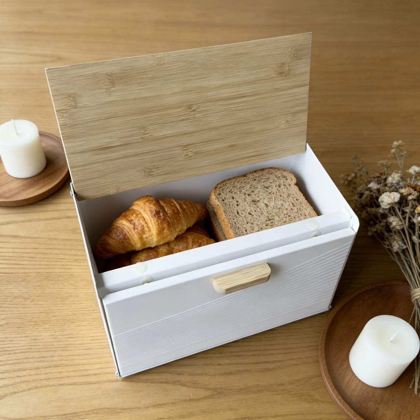 Bamboo lid, metal body, double door trapezoidal kitchen bread box, kitchen storage box (black, white)