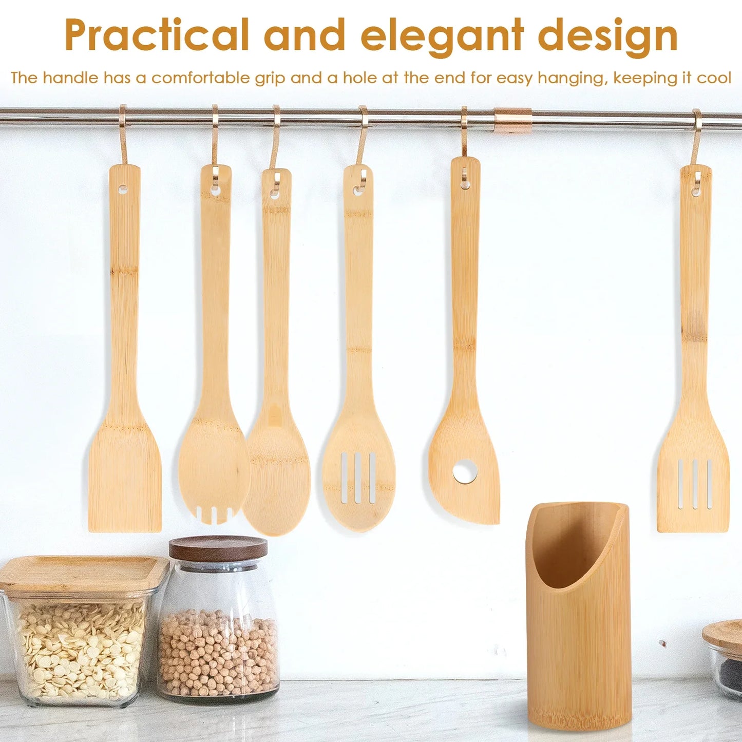 Bamboo Cooking Utensil Set Include Triple Toothed/Round/Slotted Spoon and Slotted/Square/Slanted Spatula with Organizer Bucket