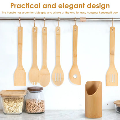 Bamboo Cooking Utensil Set Include Triple Toothed/Round/Slotted Spoon and Slotted/Square/Slanted Spatula with Organizer Bucket