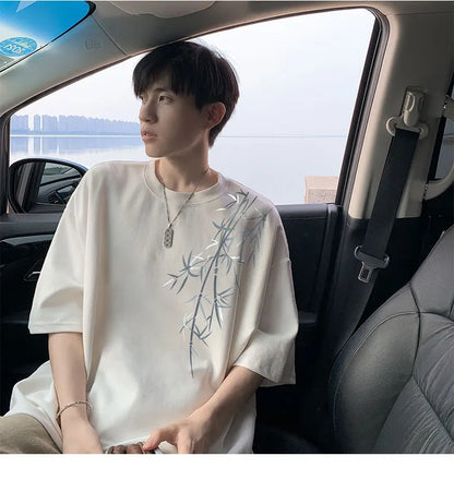 Men's Oversized Bamboo T-shirt Loose Printed Tops Cotton Tshirts Breathable Casual Short Sleeve Tees Streetwear Men Clothing