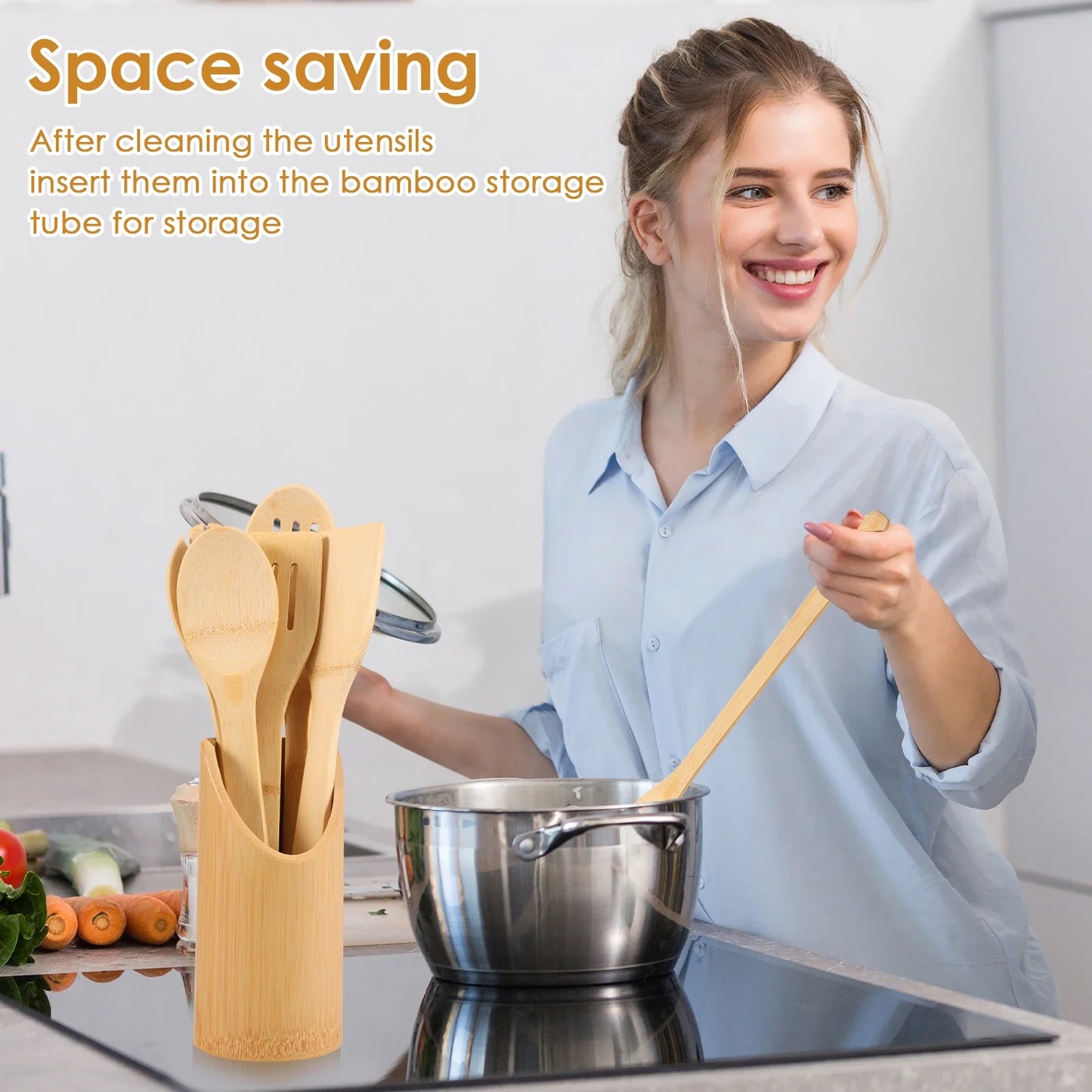 Bamboo Cooking Utensil Set Include Triple Toothed/Round/Slotted Spoon and Slotted/Square/Slanted Spatula with Organizer Bucket