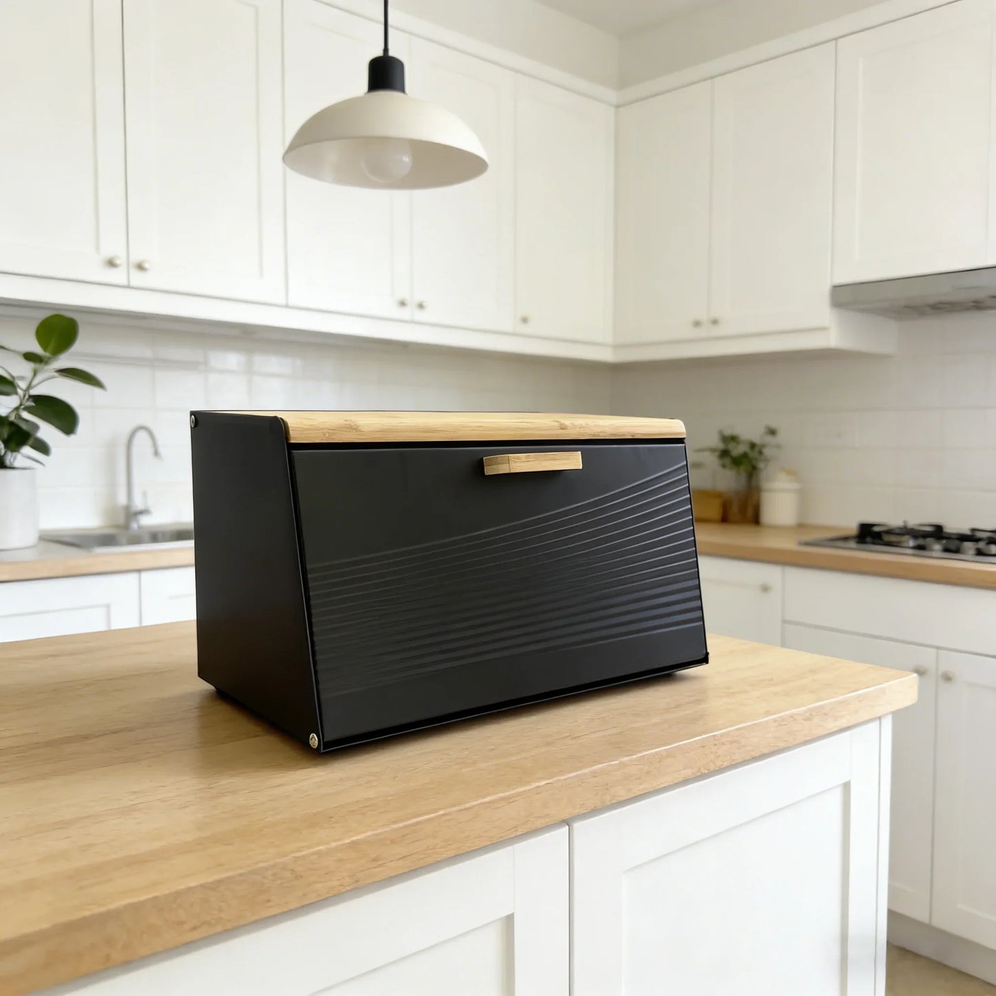 Bamboo lid, metal body, double door trapezoidal kitchen bread box, kitchen storage box (black, white)