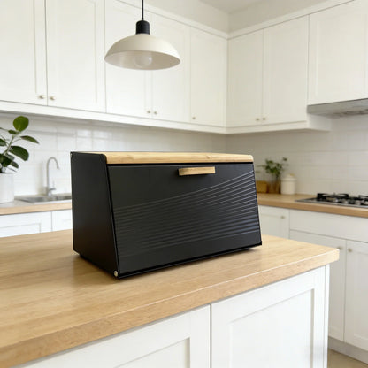 Bamboo lid, metal body, double door trapezoidal kitchen bread box, kitchen storage box (black, white)