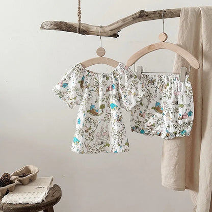 Summer Bamboo Cotton Breathable Kids Girls 2pcs Suit Full Print Cartoon Print T-shirt and Shorts Cool Girls Sets Clothing