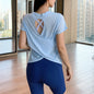 Bamboo Yarn Breathable Short-sleeved Sports Top Hollow Cross-beautiful Back Yoga Clothes Blouse Loose Round Neck Fitness Clothes