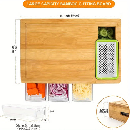 Kitchen Chopping Bamboo Cutting Board Set with Container & Vegetable Grater Drawer Style Multifunctional Household Kitchen Tools