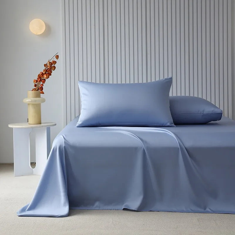 100%Organic Eucalyptus Plain Blue Flat Bed Sheets Lyocell Silky Soft Smooth Breathable Gentle to Skin Pillow shams