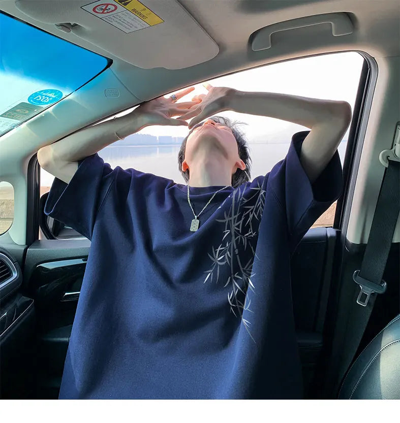 Men's Oversized Bamboo T-shirt Loose Printed Tops Cotton Tshirts Breathable Casual Short Sleeve Tees Streetwear Men Clothing