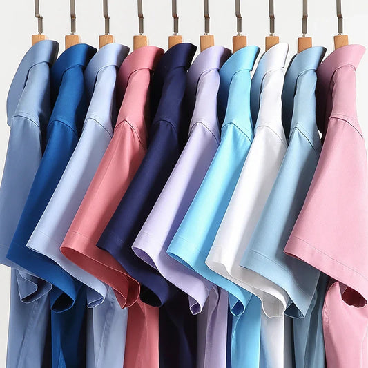 Bamboo Fiber Men Short Stretch Solid Dress Shirts Regular Fit Formal Business Social Camisas Short Sleeve Bamboo Fiber