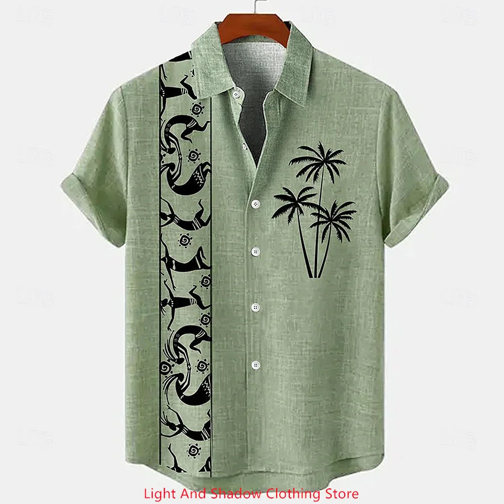 Men's ethnic clothing printed short sleeved shirt fashionable Hawaiian vacation party shirt bamboo hemp men's fashionable shirt