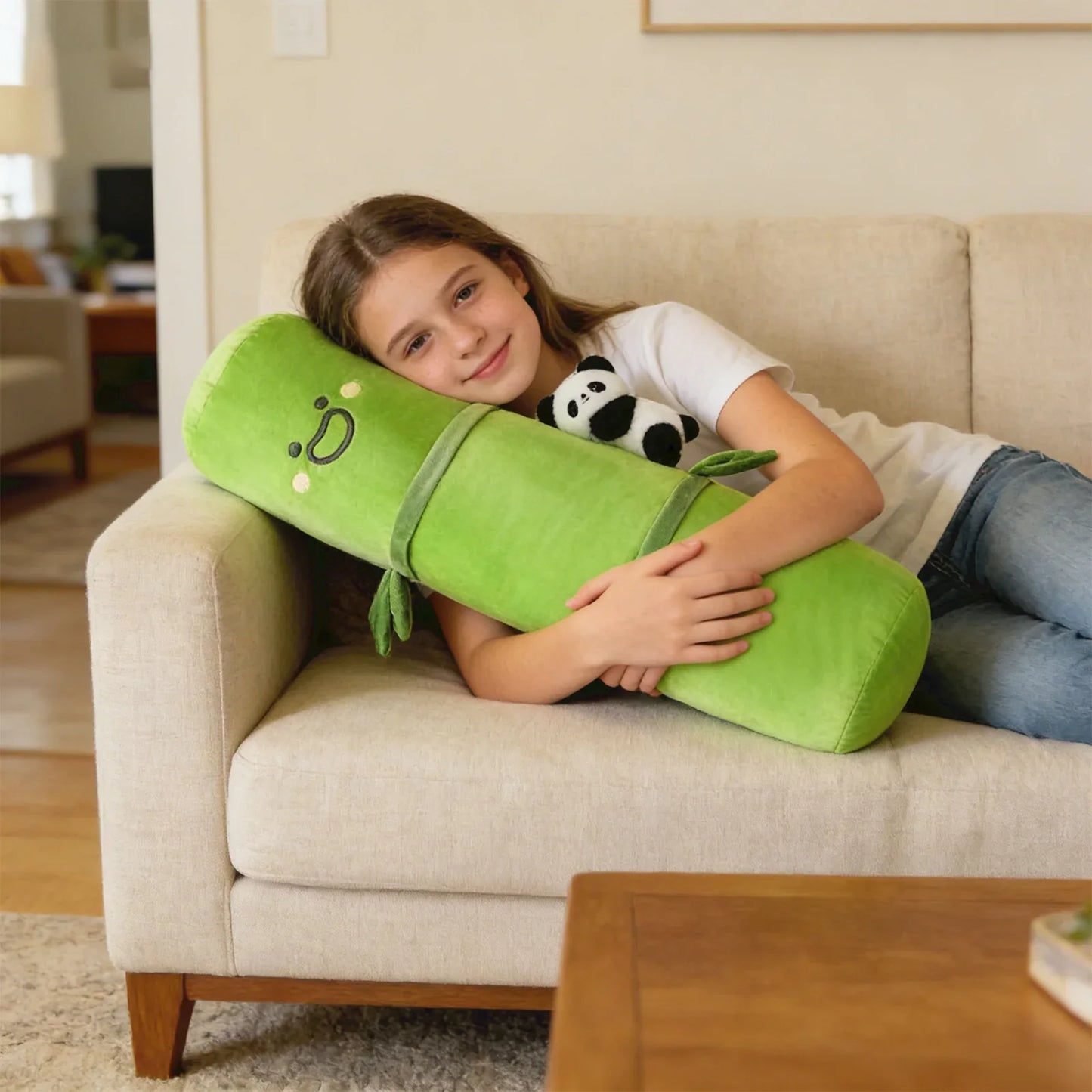 Green Style Long Pillow With Bear Ornament Cartoon Bamboo Shaped Bed Sofa Comfort Pillow Home Creatively Soft Bamboo Pillow
