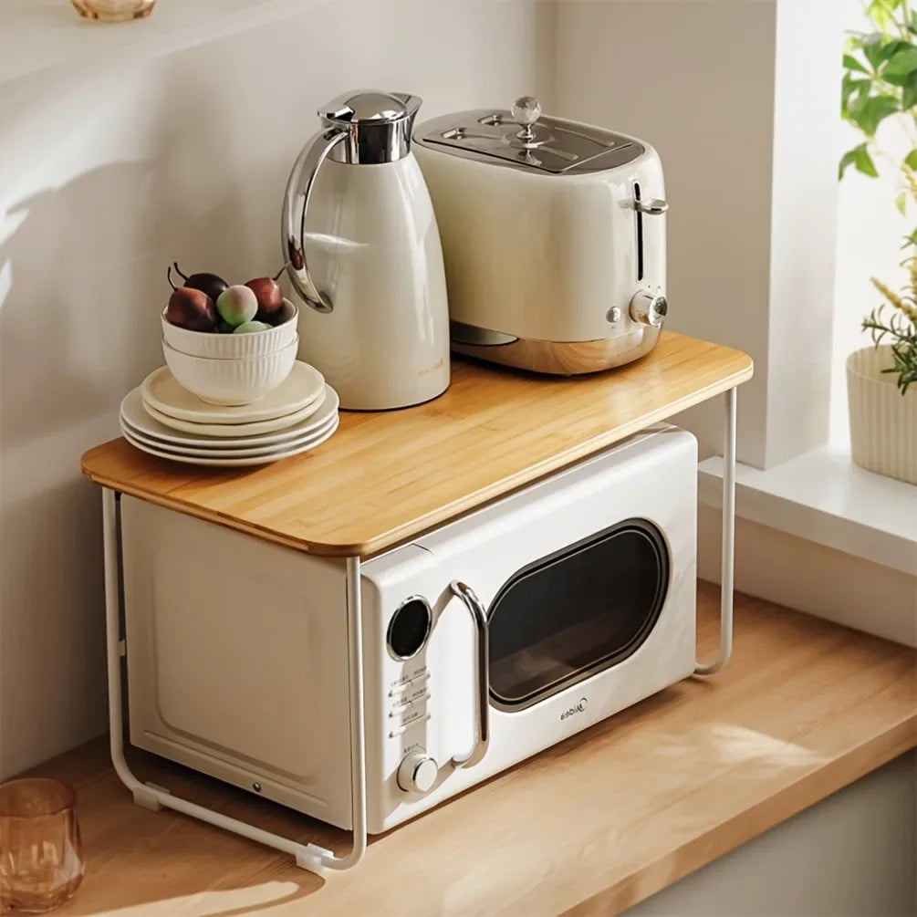 Bamboo Microwave Storage Rack Adjustable Kitchen Table Oven Cooker Organizer Shelf 1 Layer Household Desk Spice Condiment Holder