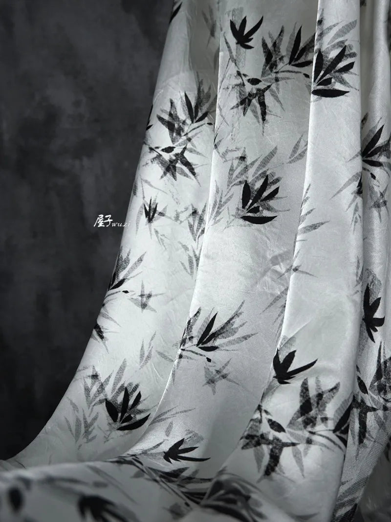 Bamboo Leaf Acetate Silk Printed Fabric New Chinese Fashion High Quality Vertical Womens Dresses Hanfu Pants DIY Design Cloth