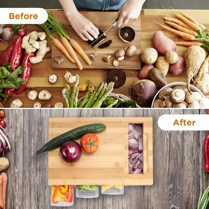 Kitchen Chopping Bamboo Cutting Board Set with Container & Vegetable Grater Drawer Style Multifunctional Household Kitchen Tools