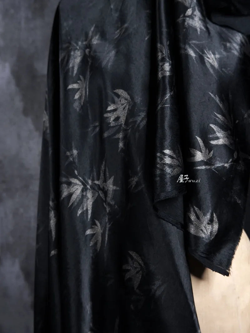 Bamboo Leaf Acetate Silk Printed Fabric New Chinese Fashion High Quality Vertical Womens Dresses Hanfu Pants DIY Design Cloth