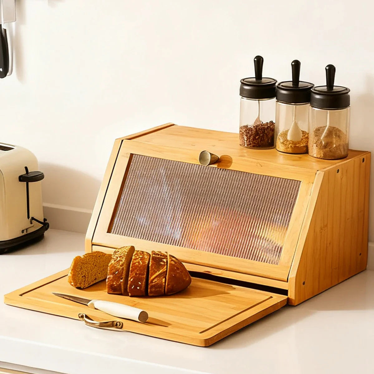 Bamboo Bread Box Cutting Board Combo, Large Capacity Kitchen Corner Organizer for Pantry Storage