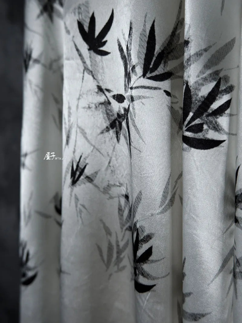 Bamboo Leaf Acetate Silk Printed Fabric New Chinese Fashion High Quality Vertical Womens Dresses Hanfu Pants DIY Design Cloth