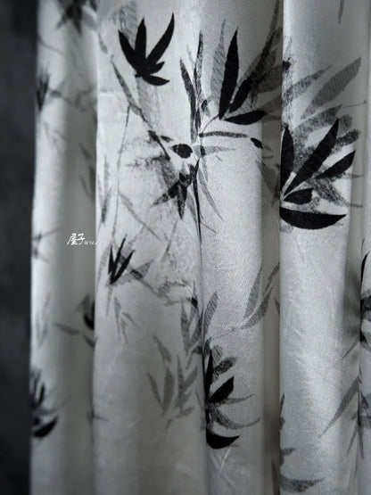 Bamboo Leaf Acetate Silk Printed Fabric New Chinese Fashion High Quality Vertical Womens Dresses Hanfu Pants DIY Design Cloth