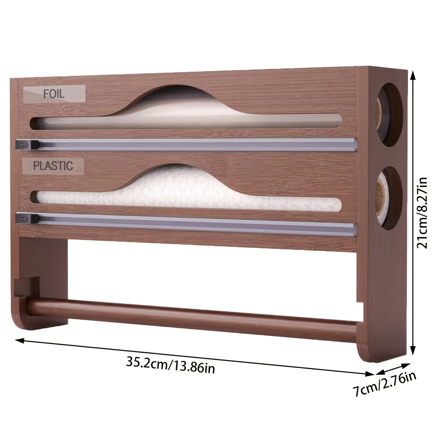 Bamboo 4-in-1 Wall Mount Foil & Plastic Wrap Organizer with Cutter - Kitchen Storage Solution for Wax Paper.