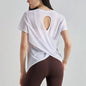 Bamboo Yarn Breathable Short-sleeved Sports Top Hollow Cross-beautiful Back Yoga Clothes Blouse Loose Round Neck Fitness Clothes