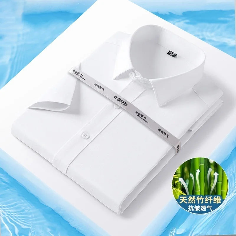 Bamboo Fiber Men Shirt Fashion Casual Business Short-Sleeved Top Anti-Wrinkle Solid Color Formal White Office Shirt Men Clothing