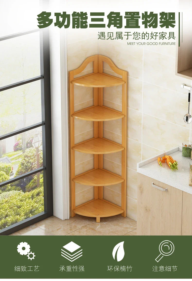 Kitchen Corner Bamboo Rack, Multi-Tier Storage Organizer, Freestanding Bookshelf for Cooking Utensils or Pantry Supplies