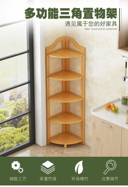 Kitchen Corner Bamboo Rack, Multi-Tier Storage Organizer, Freestanding Bookshelf for Cooking Utensils or Pantry Supplies