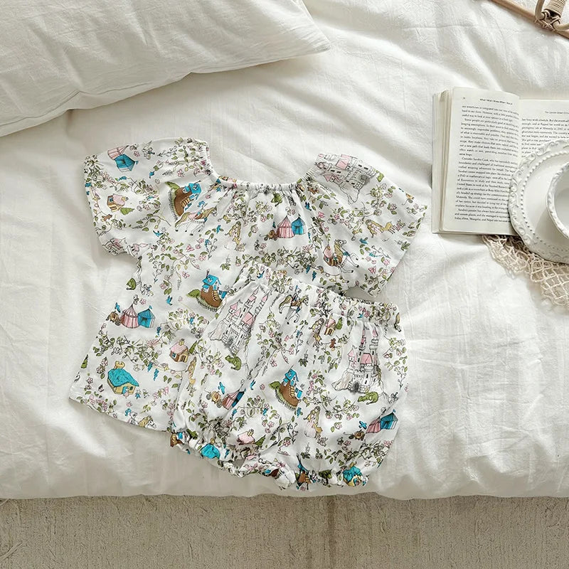 Summer Bamboo Cotton Breathable Kids Girls 2pcs Suit Full Print Cartoon Print T-shirt and Shorts Cool Girls Sets Clothing