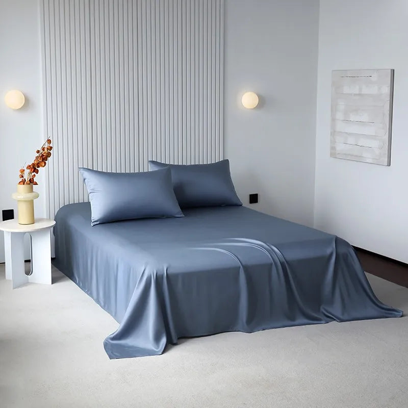 100%Organic Eucalyptus Plain Blue Flat Bed Sheets Lyocell Silky Soft Smooth Breathable Gentle to Skin Pillow shams