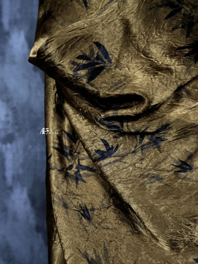 Bamboo Leaf Acetate Silk Printed Fabric New Chinese Fashion High Quality Vertical Womens Dresses Hanfu Pants DIY Design Cloth