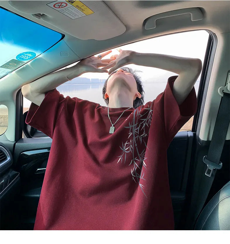 Men's Oversized Bamboo T-shirt Loose Printed Tops Cotton Tshirts Breathable Casual Short Sleeve Tees Streetwear Men Clothing