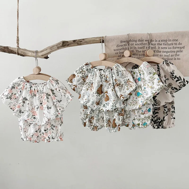 Summer Bamboo Cotton Breathable Kids Girls 2pcs Suit Full Print Cartoon Print T-shirt and Shorts Cool Girls Sets Clothing