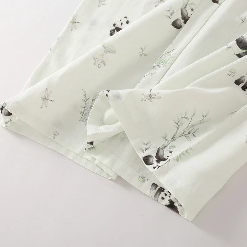 2025 Bamboo Cotton Gauze Pajamas Women's Chinese Retro Style Round Neck Loungewear Thin Nine-quarter Sleeve Loose Home Clothes