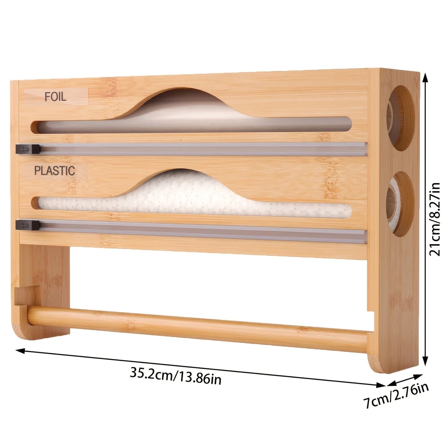 Bamboo 4-in-1 Wall Mount Foil & Plastic Wrap Organizer with Cutter - Kitchen Storage Solution for Wax Paper.