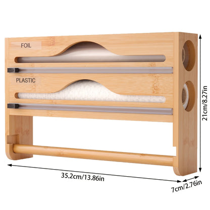 Bamboo 4-in-1 Wall Mount Foil & Plastic Wrap Organizer with Cutter - Kitchen Storage Solution for Wax Paper.