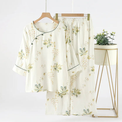 2025 Bamboo Cotton Gauze Pajamas Women's Chinese Retro Style Round Neck Loungewear Thin Nine-quarter Sleeve Loose Home Clothes