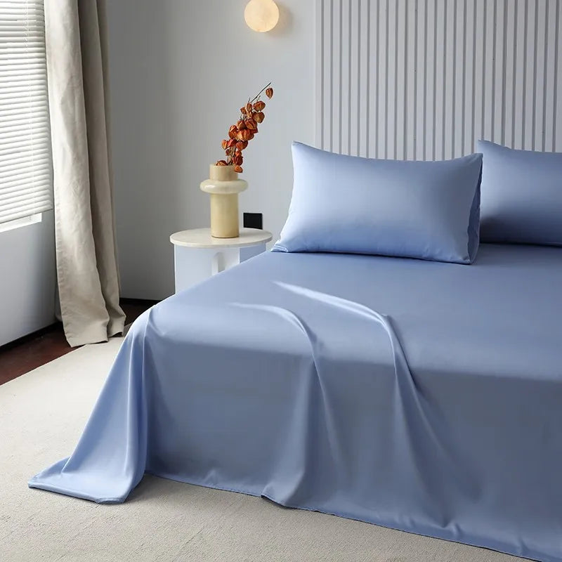 100%Organic Eucalyptus Plain Blue Flat Bed Sheets Lyocell Silky Soft Smooth Breathable Gentle to Skin Pillow shams