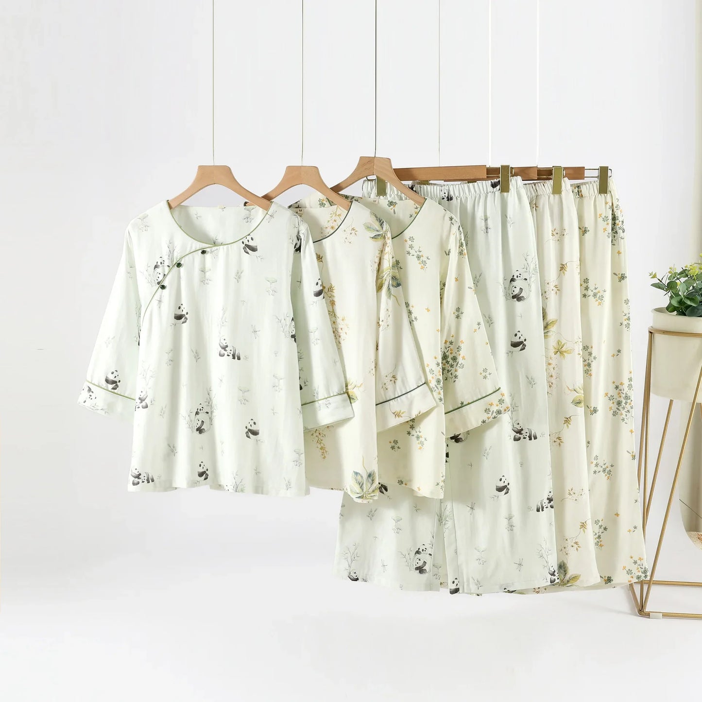 2025 Bamboo Cotton Gauze Pajamas Women's Chinese Retro Style Round Neck Loungewear Thin Nine-quarter Sleeve Loose Home Clothes