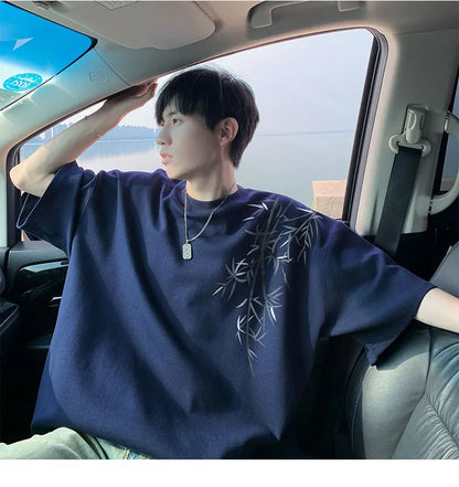 Men's Oversized Bamboo T-shirt Loose Printed Tops Cotton Tshirts Breathable Casual Short Sleeve Tees Streetwear Men Clothing