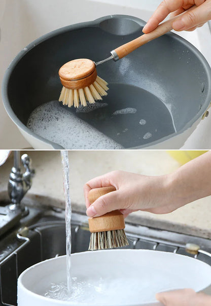 Bamboo Kitchen Cleaning Brush Natural Dishes Pots Pans Sink Washing Brush Eco-friendly Clean Scrubber with Draining Storage Tray