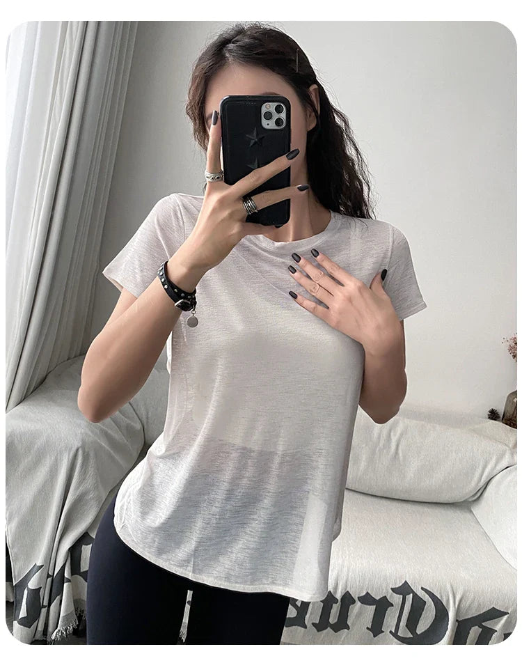 Bamboo Yarn Breathable Short-sleeved Sports Top Hollow Cross-beautiful Back Yoga Clothes Blouse Loose Round Neck Fitness Clothes
