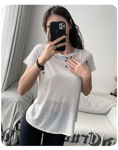 Bamboo Yarn Breathable Short-sleeved Sports Top Hollow Cross-beautiful Back Yoga Clothes Blouse Loose Round Neck Fitness Clothes