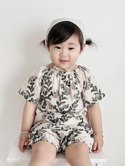 Summer Bamboo Cotton Breathable Kids Girls 2pcs Suit Full Print Cartoon Print T-shirt and Shorts Cool Girls Sets Clothing