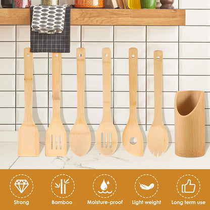 Bamboo Cooking Utensil Set Include Triple Toothed/Round/Slotted Spoon and Slotted/Square/Slanted Spatula with Organizer Bucket