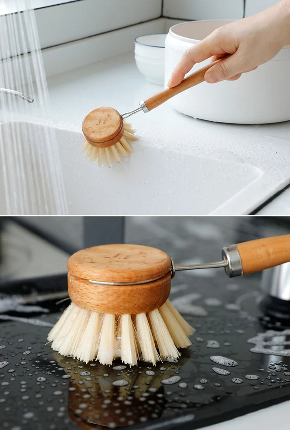 Bamboo Kitchen Cleaning Brush Natural Dishes Pots Pans Sink Washing Brush Eco-friendly Clean Scrubber with Draining Storage Tray