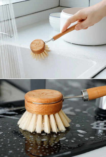 Bamboo Kitchen Cleaning Brush Natural Dishes Pots Pans Sink Washing Brush Eco-friendly Clean Scrubber with Draining Storage Tray