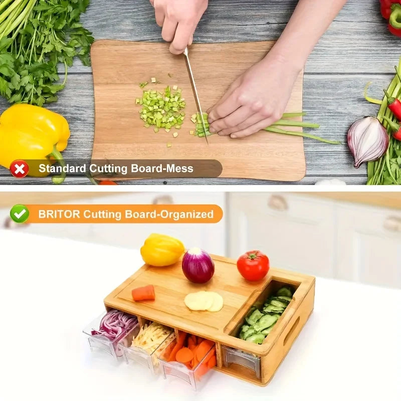 Kitchen Chopping Bamboo Cutting Board Set with Container & Vegetable Grater Drawer Style Multifunctional Household Kitchen Tools